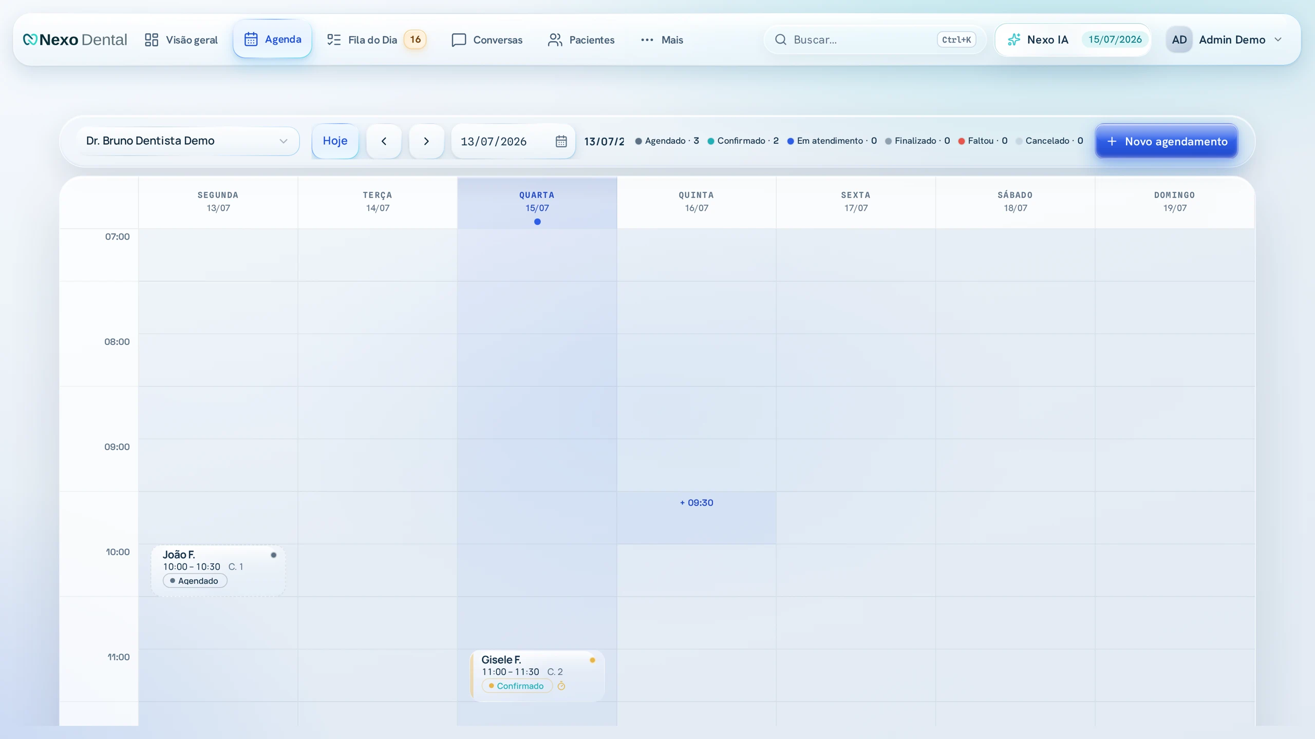 A week-view dental agenda showing multi-professional appointment cards and a status strip, populated from seed fixture data.