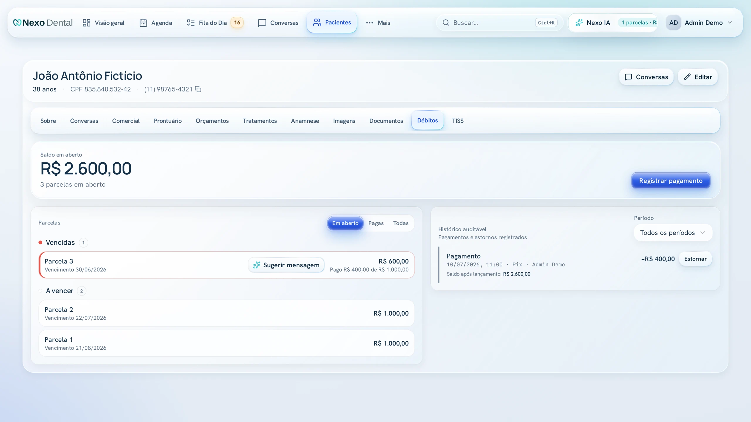 A patient financial ledger showing synthetic installment balances and debits in the finance workspace.