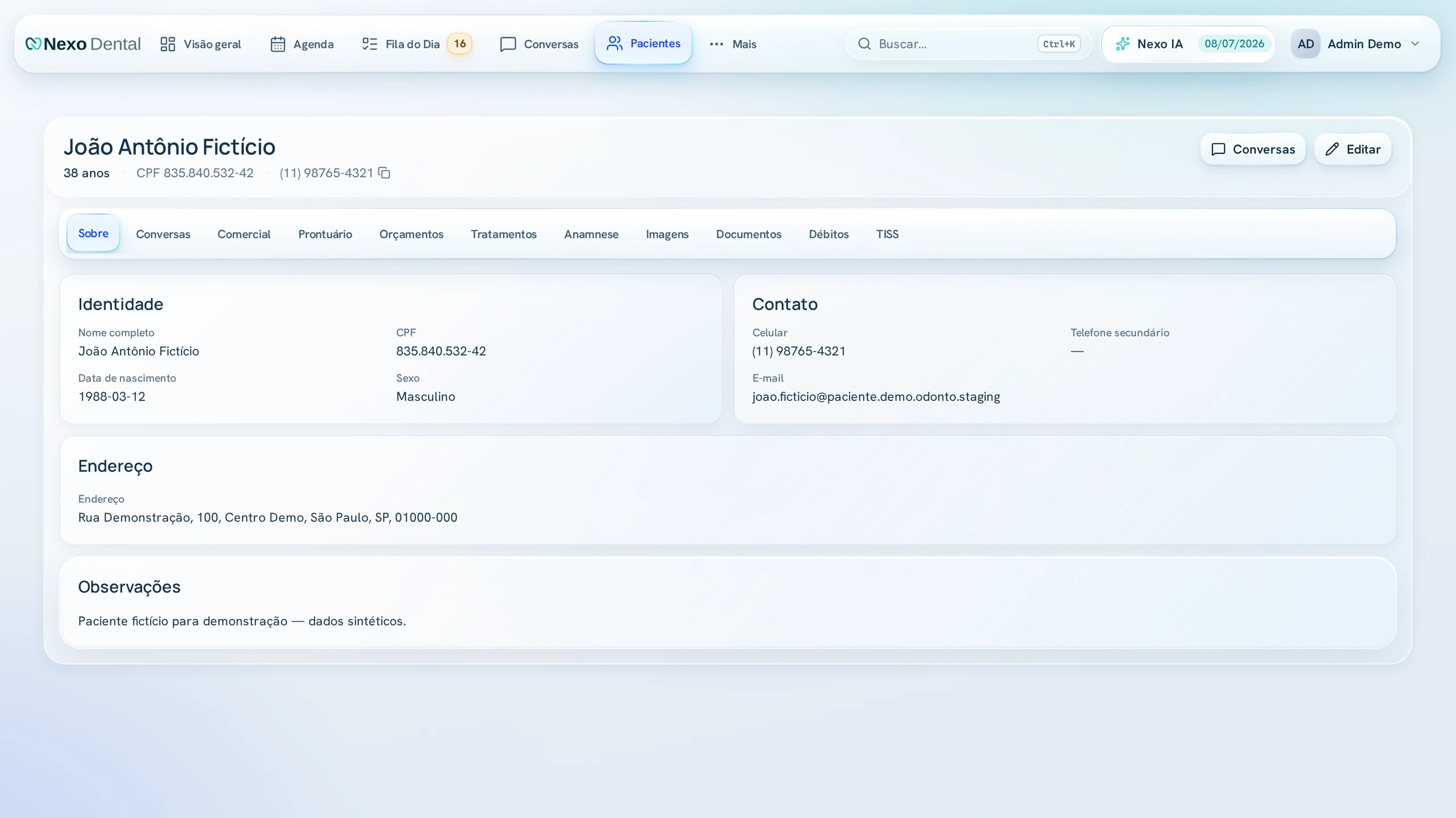 A patient workspace header with identity overview and clinical tabs for a fixture patient record.