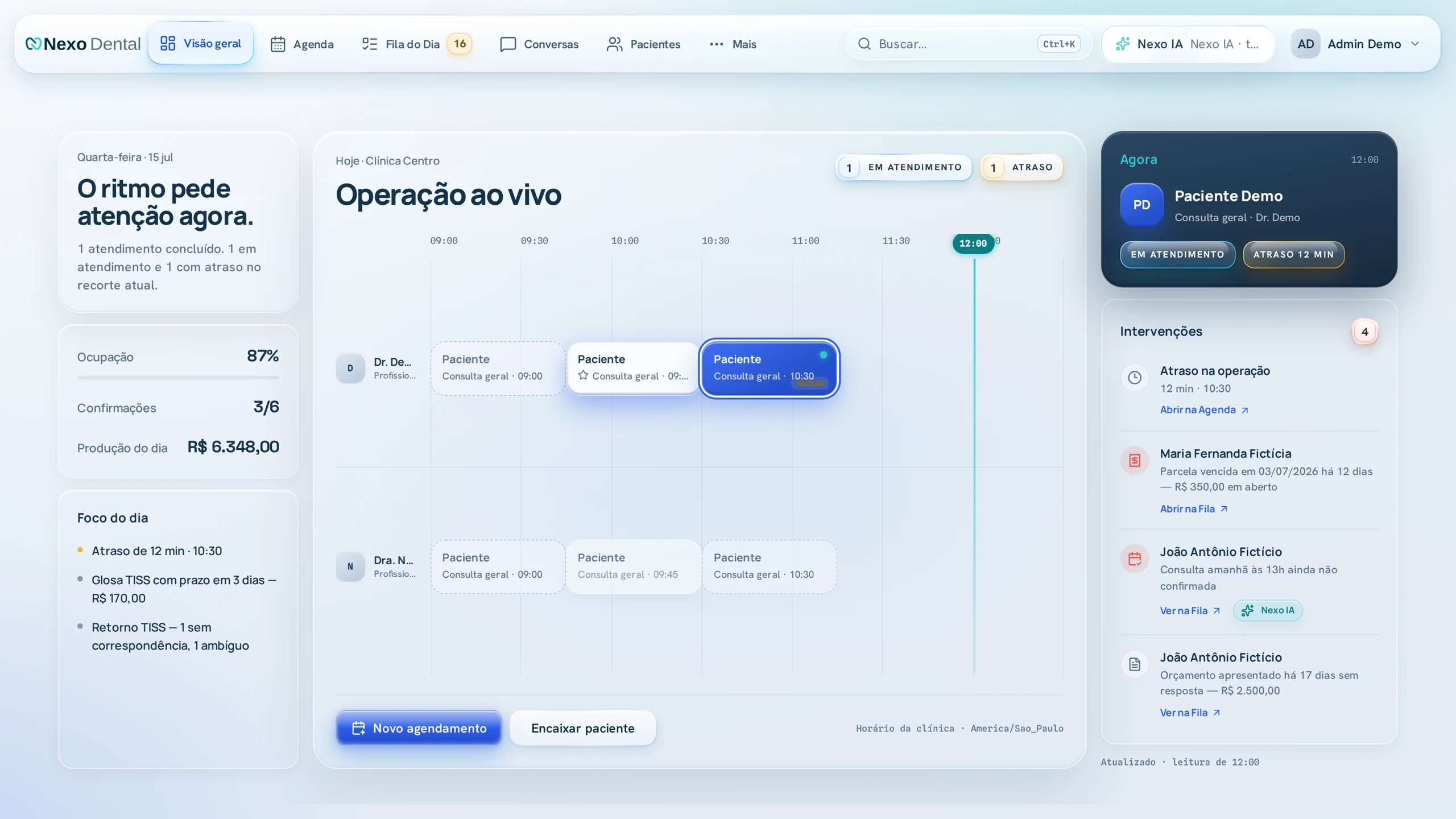 The Nexo Dental application shell on Clinic Pulse, with brand identity, role navigation, and an operational home dashboard populated from fixture data.