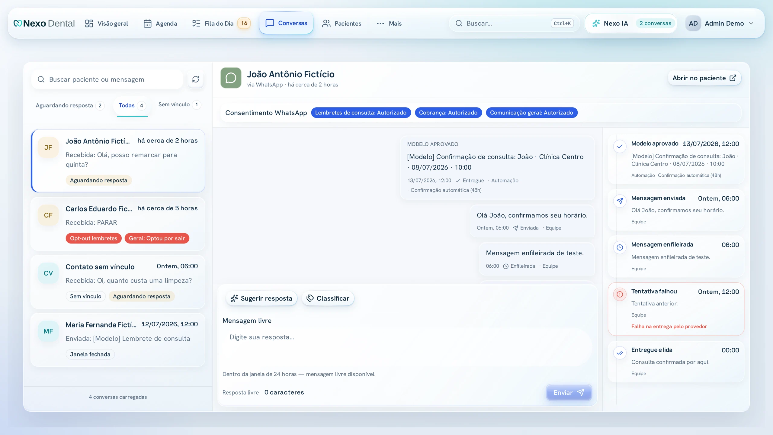 A WhatsApp-style conversations inbox with a synthetic thread open beside the conversation list.