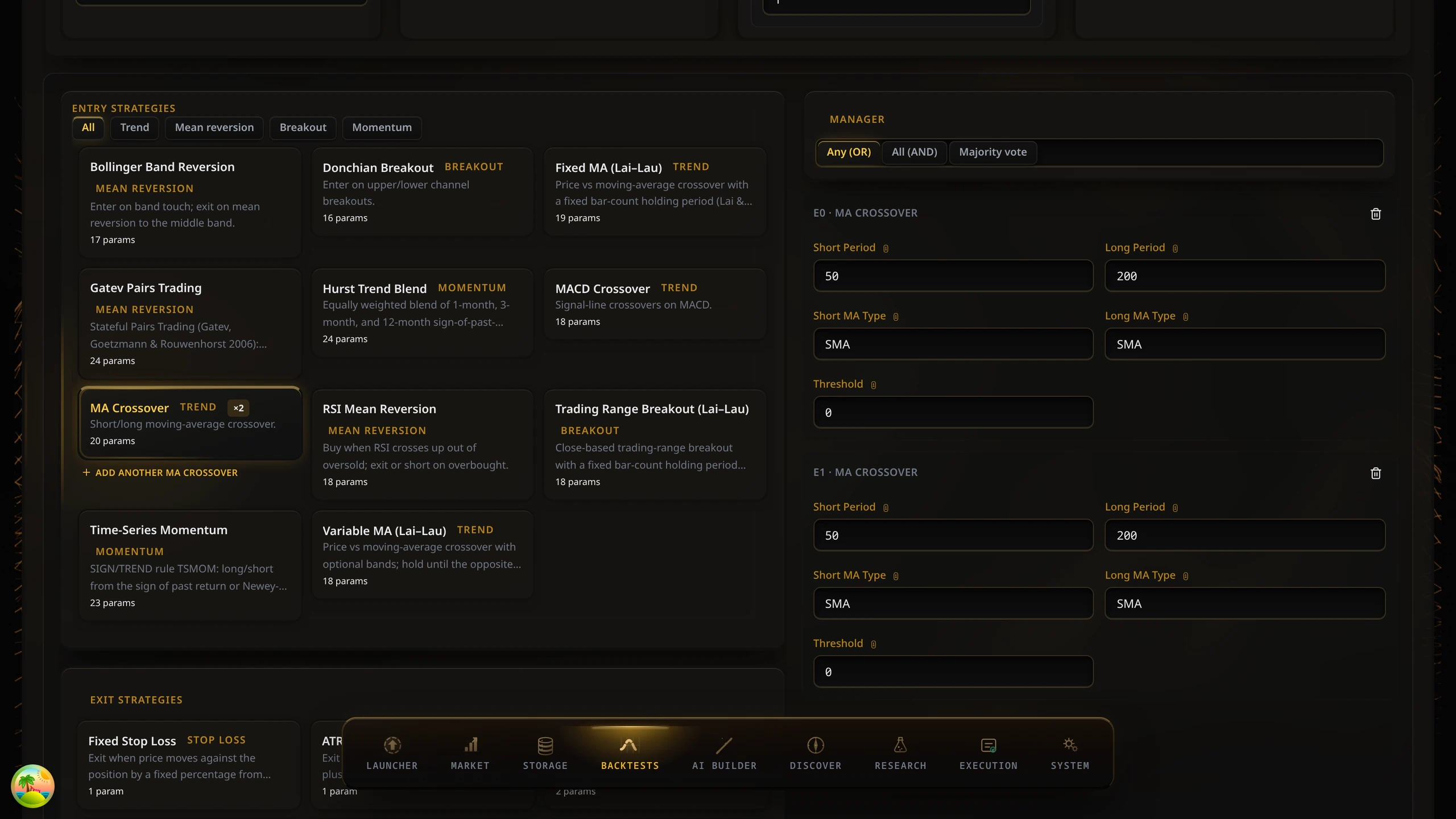 The current Quant backtest workspace showing strategy entries, exits, parameters, instruments, and simulation controls.