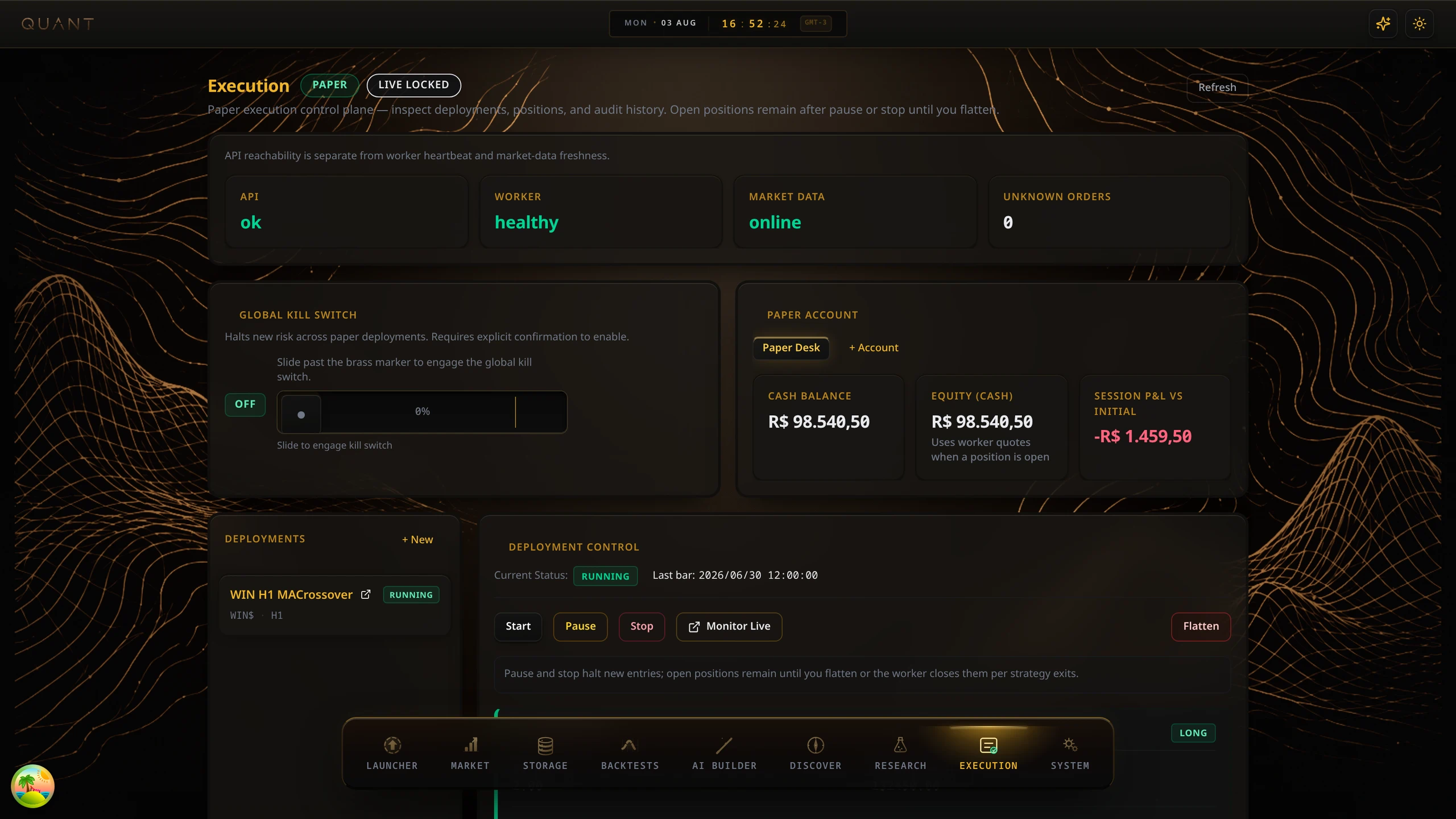 The current Quant execution workspace showing a paper account, a paper deployment, and the Live locked boundary.