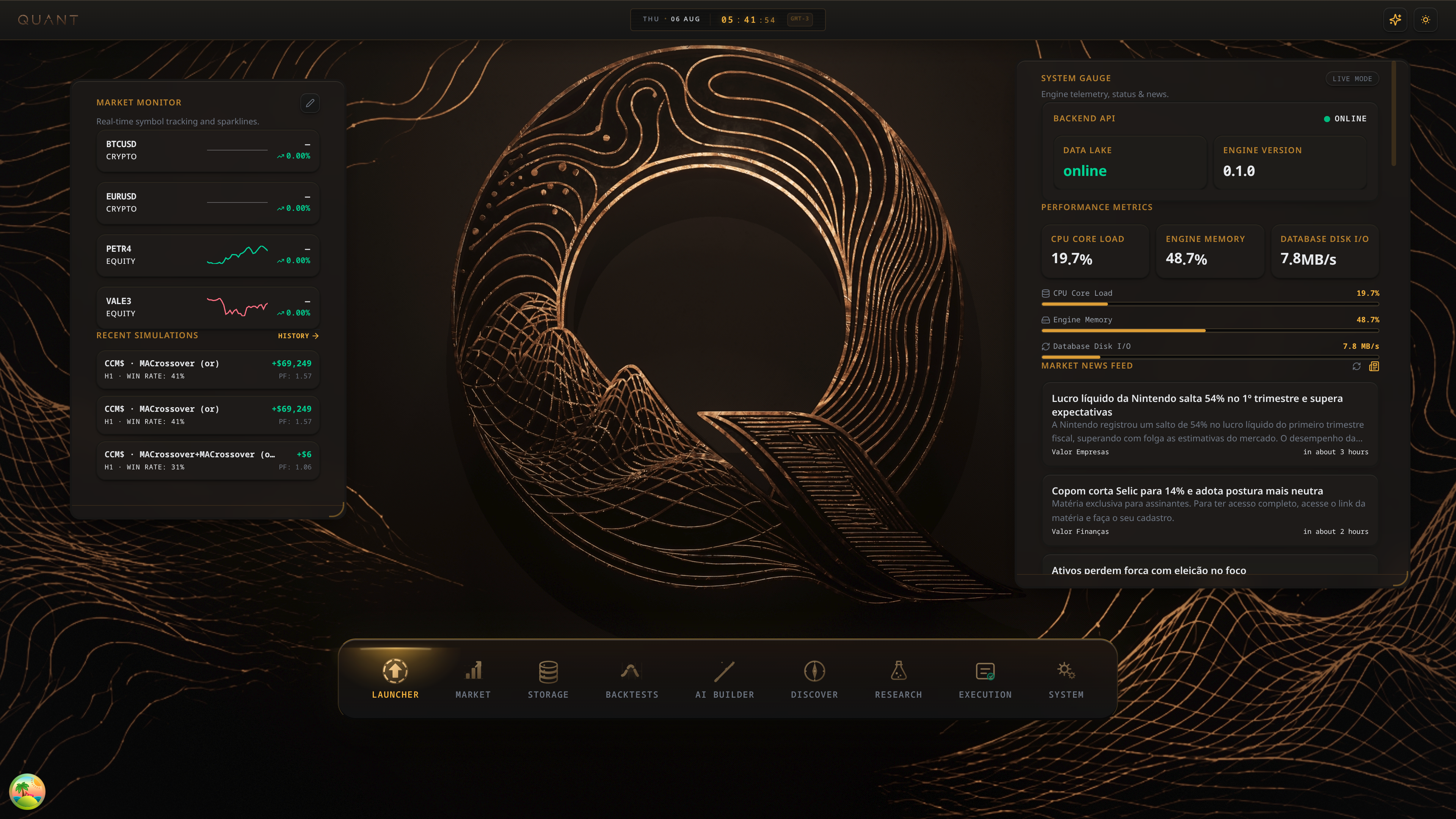 The Quant launcher showing workspace navigation, system state, and recent research activity in the native desktop product.