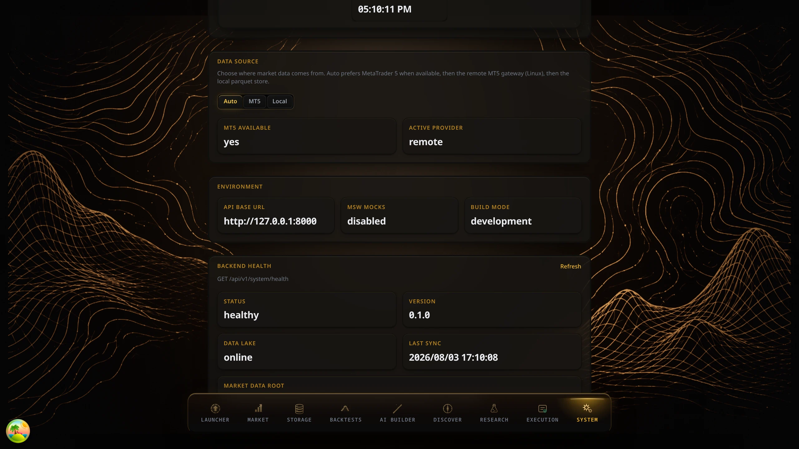 The current Quant system workspace showing data-source availability, environment details, and backend health.